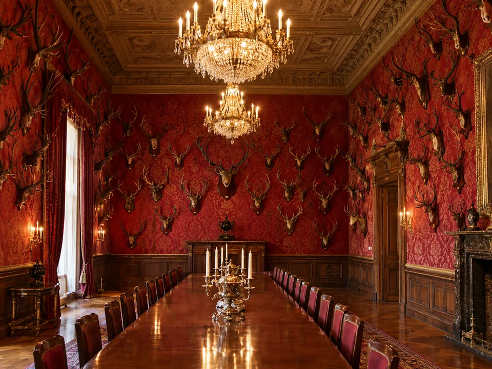 Trofei di corna nella sala da pranzo di Schloss Moritzburg