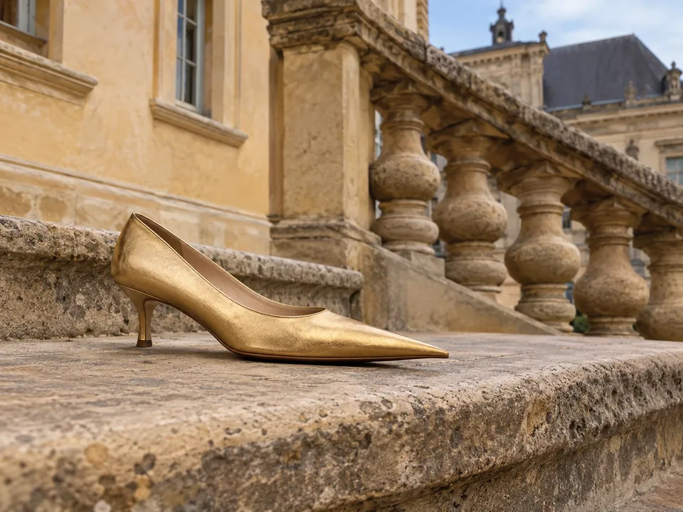 Una scarpina dorata su una scala barocca, ispirata alla replica che si trova sui gradini di Schloss Moritzburg